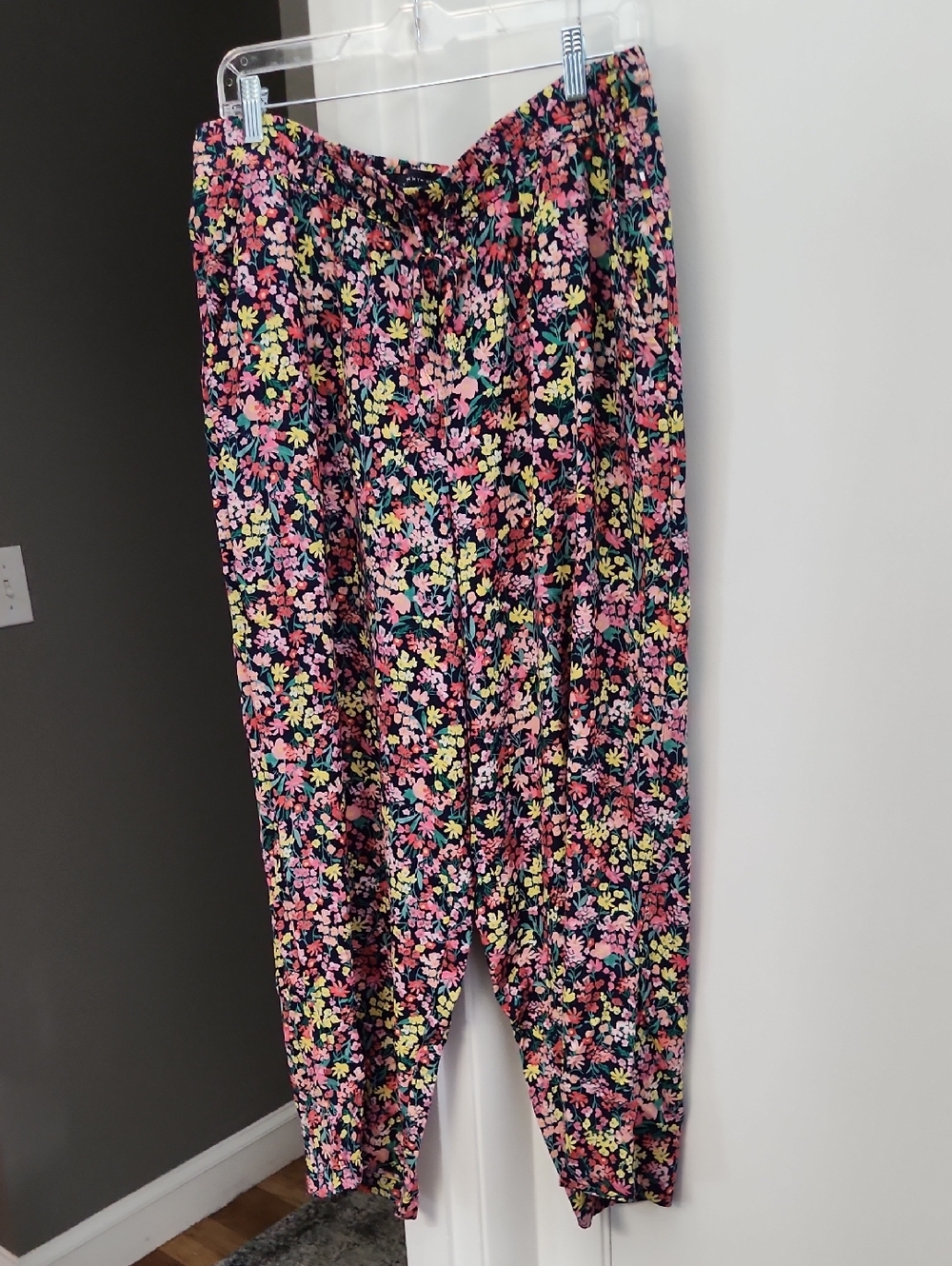 Tommy Hilfiger Navy Floral Pull-On Pants with Pink, Yellow & Green Blooms